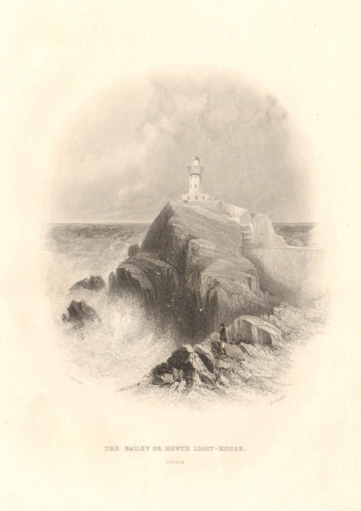 The Baily Lighthouse, Howth Head, Dublin Bay, Ireland 1843 old antique print